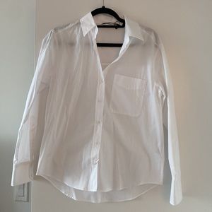 Zara White Linen Button Down with Front Pocket